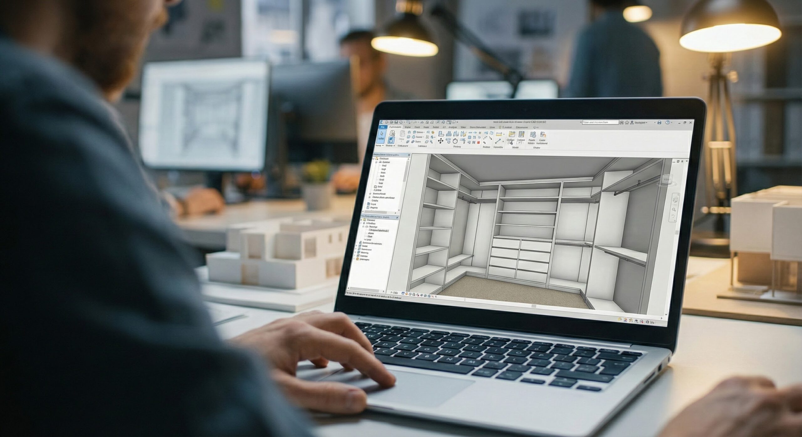3D closet design software showing a rendering of a custom storage system