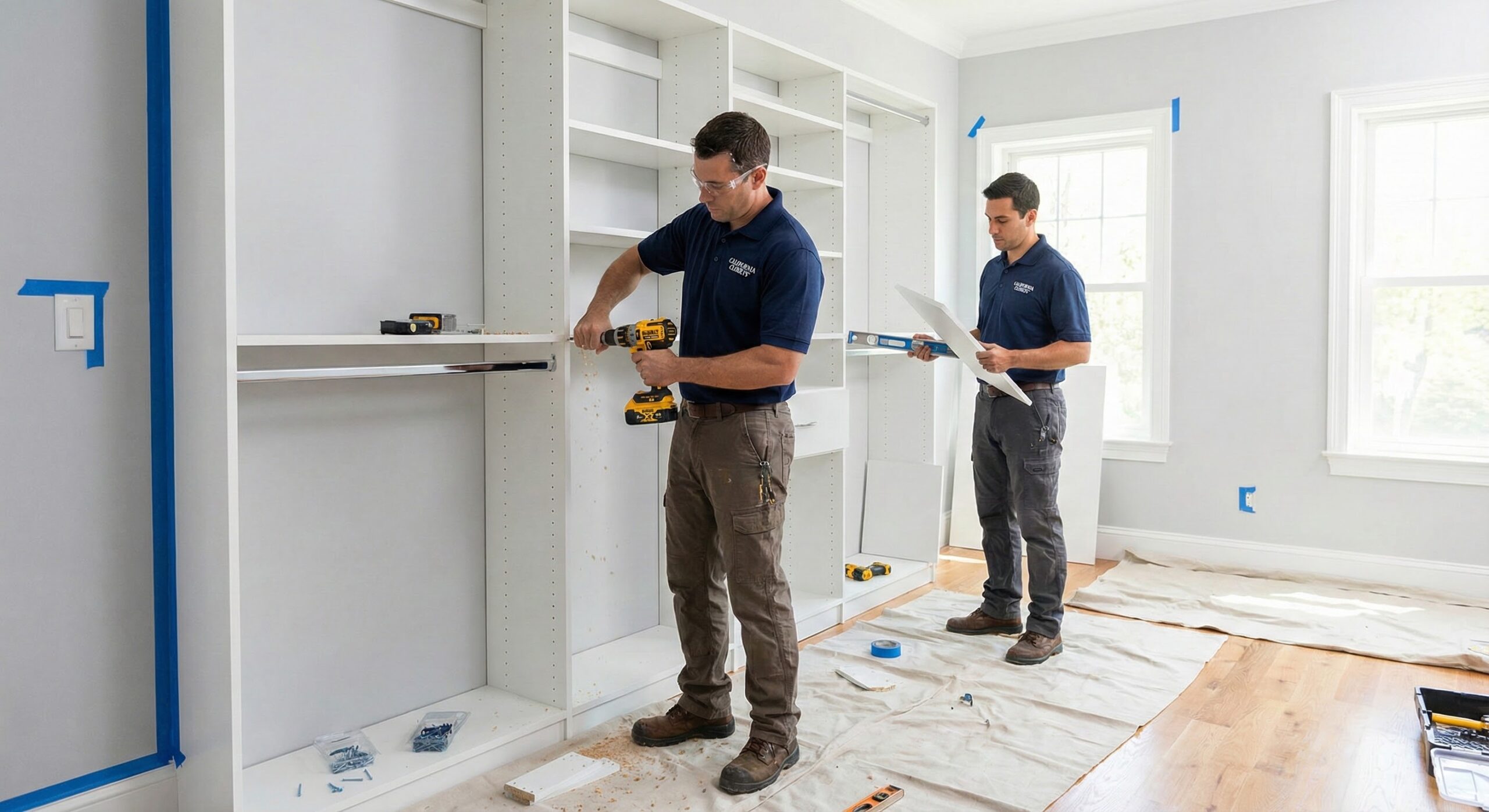 Professional closet installers using protective mats during a home installation in Southern California