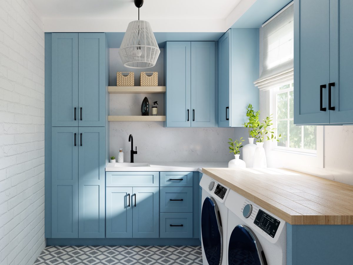 Custom blue laundry room cabinets and storage in Los Angeles